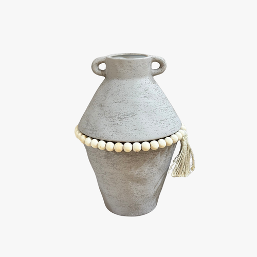 Stone Grey Textured Urn Vase with Wooden Bead