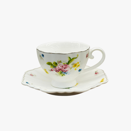 Elegant Floral Tea Cups with Scalloped Saucers Set of 6