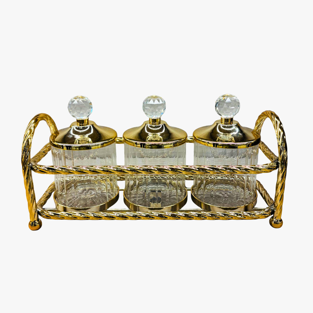 Luxury 3 Piece Glass Jar Set with Gold Carrier