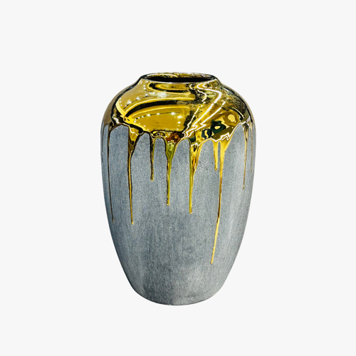 Elegant Matte Grey & Liquid Gold Ceramic Vase