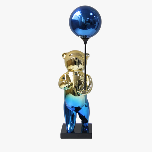 Elegant Blue & Gold Balloon Bear Statue