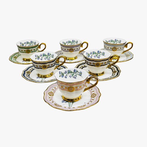 Elegant Bluebell Pastel & Gold Fine Cup & Saucer Set of 6