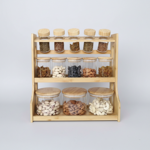 3-Tier Bamboo Spice Rack Organizer with Glass Jars & Airtight Lids