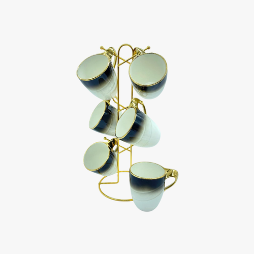 Modern Teacup Set with Gold Trim and Stand