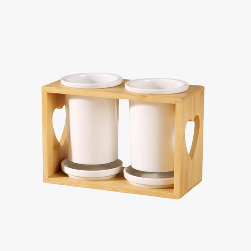 Double Ceramic Utensil Holder with Bamboo Stand