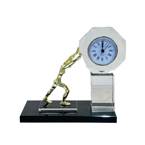 Titan’s Pursuit – Golden Figurine Crystal Desk Clock