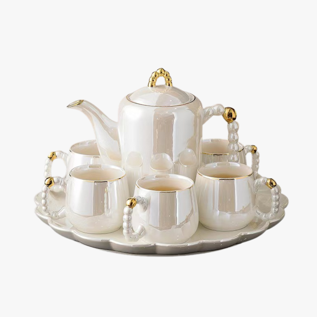 Modern Beaded Edges Tea Set With Serving Tray