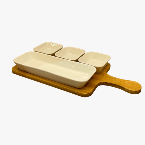 5 Piece Ceramic Bowl Set with Natural Bamboo Serving Board