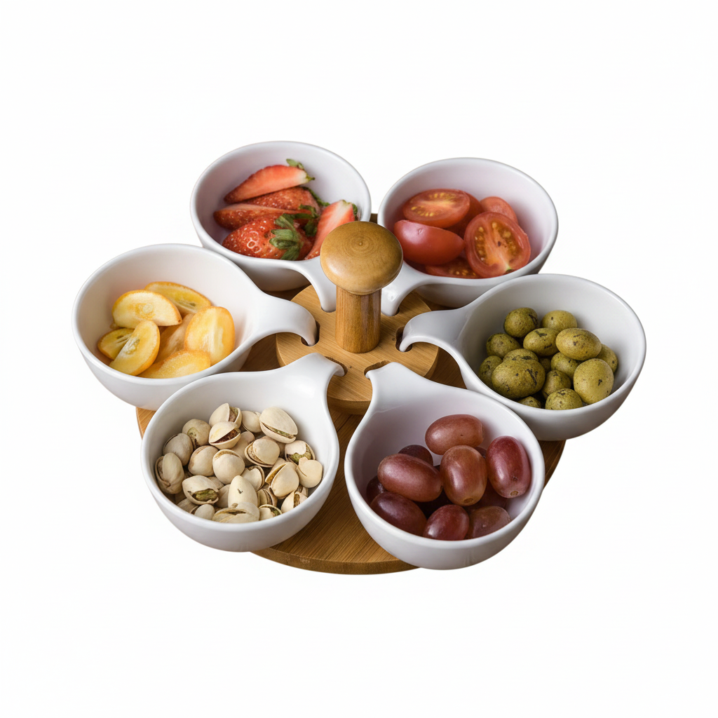 Revolving Server with 6 Removable Bowls & Wooden Center Stand