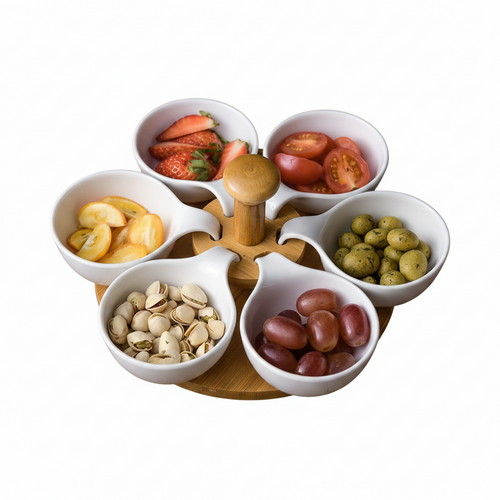 Revolving Server with 6 Removable Bowls & Wooden Center Stand
