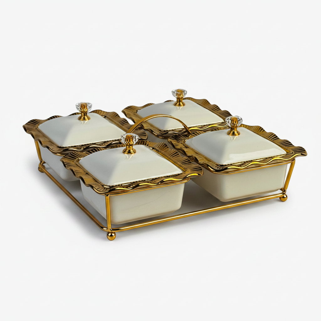 Gold-Trimmed 4-Compartment Bowl Set with Lid and Stand