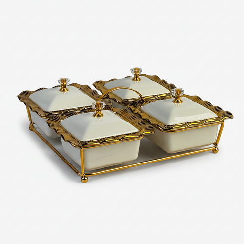 Gold-Trimmed 4-Compartment Bowl Set with Lid and Stand