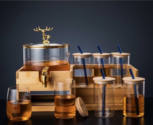 Stag Crest Glass Dispenser & Glass Set with Bamboo Caddy