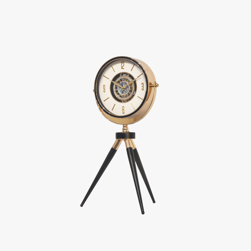 Mid Century Gold Tripod Desk Clock with Openwork Dial