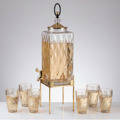 Luxury Square Glass Dispenser with 6 Glass & Gold Stand