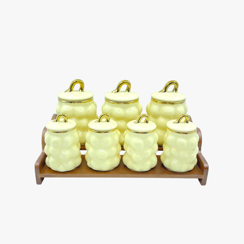 Elegant Yellow Bubble Canister Set with Dark Wood Stand 7 Piece