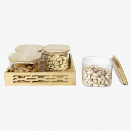 Glass Kitchen Canister Set with Bamboo Lids and Tray