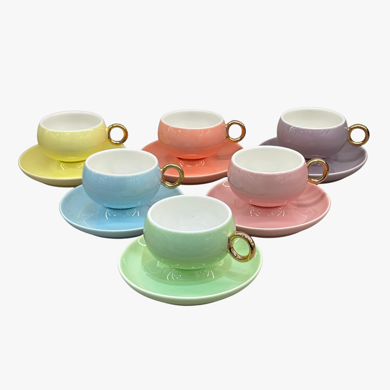 Colorful Cups with Gold Ring Handles Set of 6