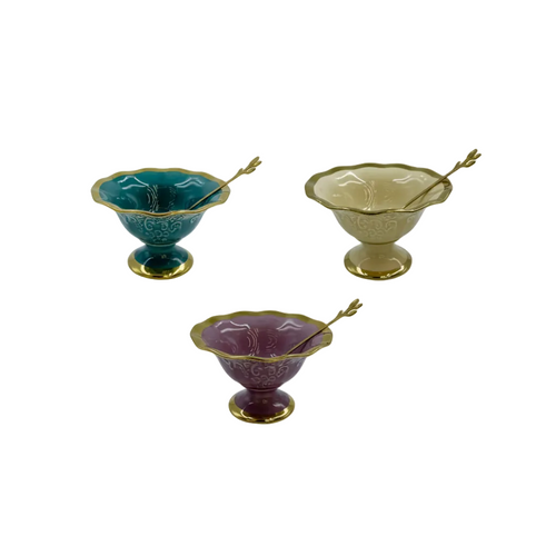 Elegant Ceramic Dessert Bowl & Gold Spoon Set of 6