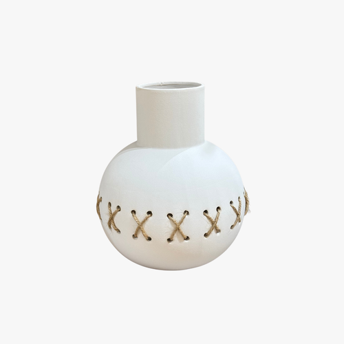 Spherical Ceramic Vase with Twine Cross-Lacing