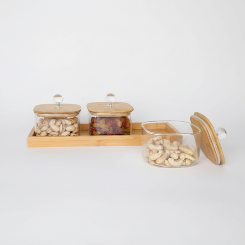 Elegant Glass Jars Set with Bamboo Tray Set of 3
