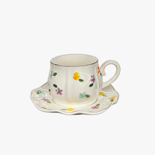 Elegant Petal Embossed Cup & Saucer Set with Gold Rim 12 Piece