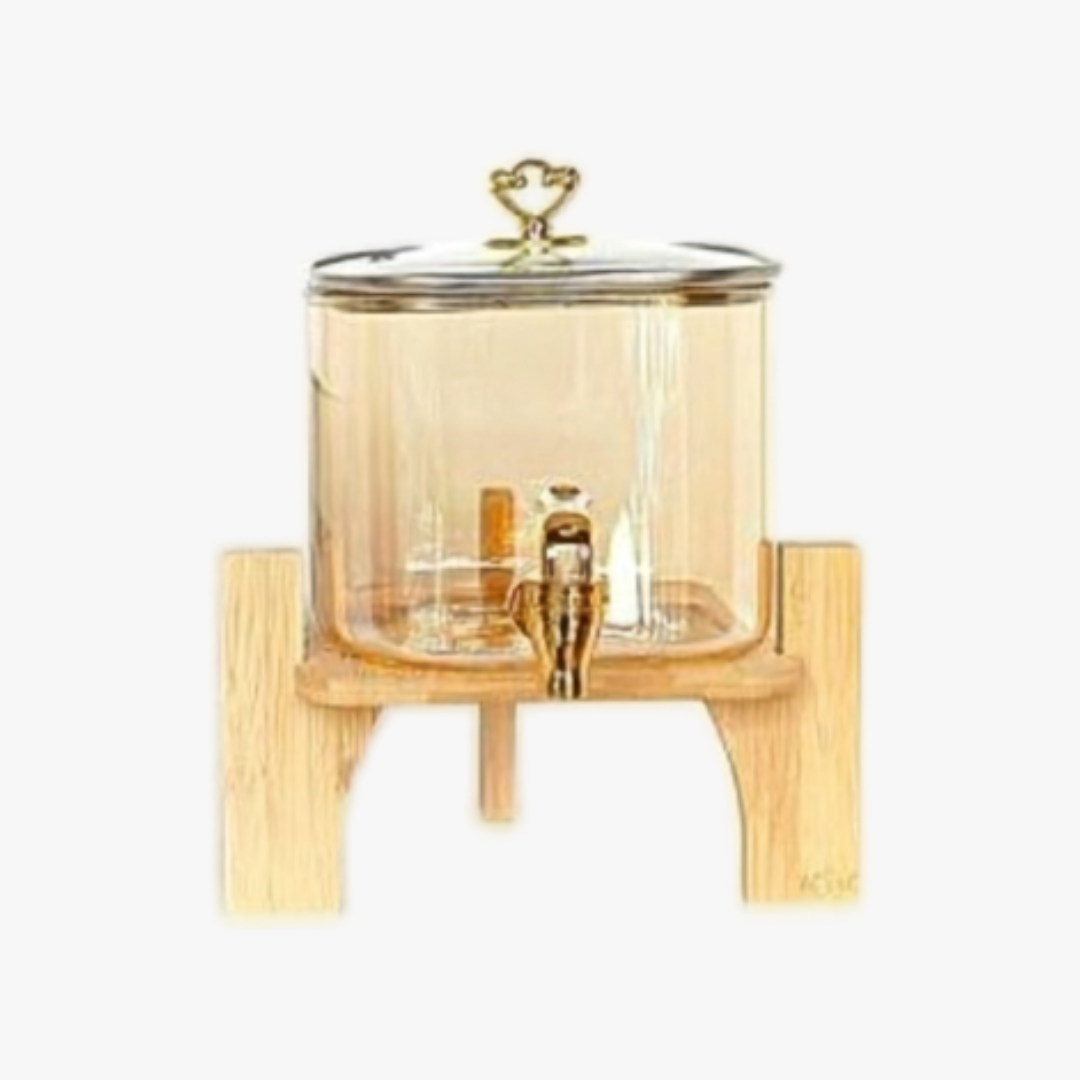 Amber Glass Beverage Dispenser with Wood Stand