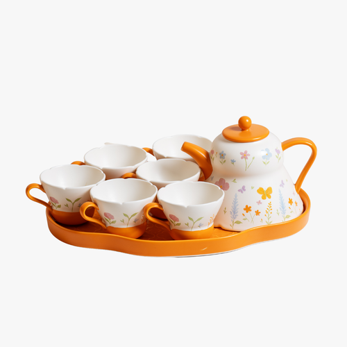 Vibrant Orange Floral Garden Tea Set with Scalloped Cups