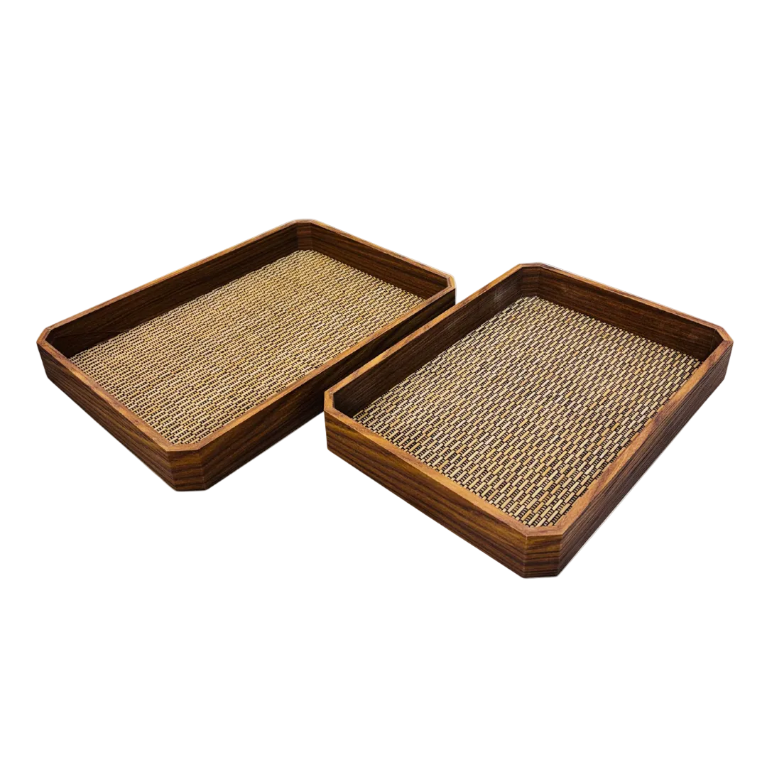 Rustic Rattan Wooden Serving Tray Set