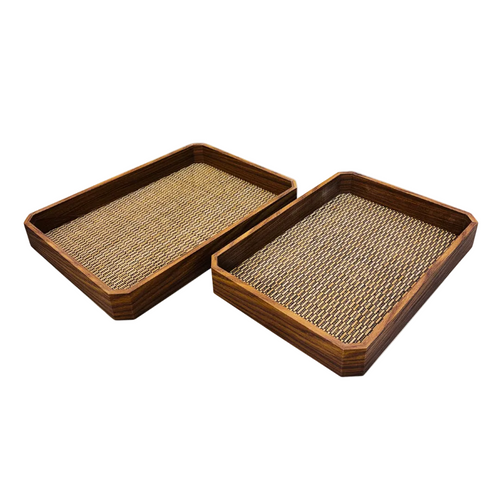 Rustic Rattan Wooden Serving Tray Set