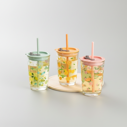 Pastel Printed Glass Iced Coffee Cups with Straws & Lids