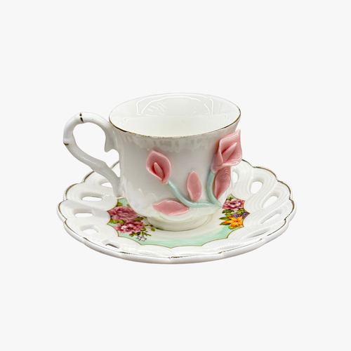 Vintage Sculpted Pink Lily Tea Cup & Saucer Set of 6