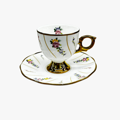 Vintage Floral & Gold Pinstripe Cup & Saucer Set of 6