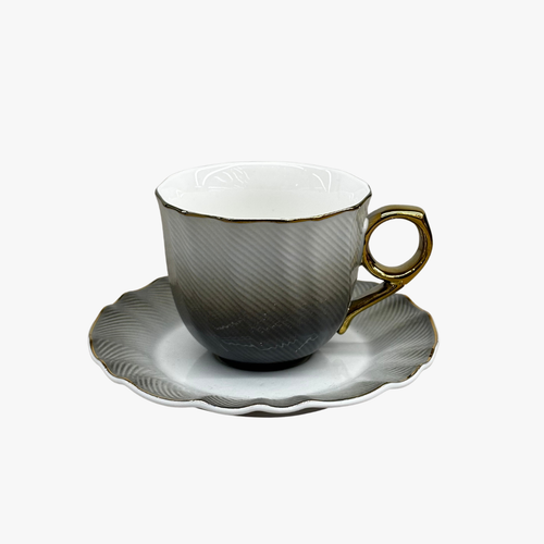Modern Grey Teacup with Edges Saucer & Gold Handle Set of 6