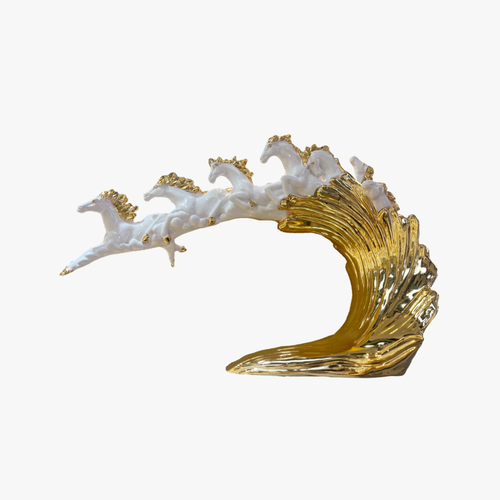 Seven Running Horses White & Gold Ceramic Statue