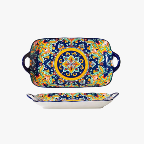 Elegant Blue Rectangular Serving Tray with Handles 13 inch