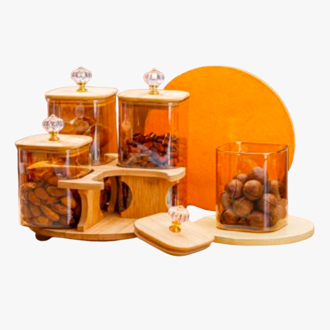 4 Piece Amber Glass Jar Set with Revolving Bamboo Tray