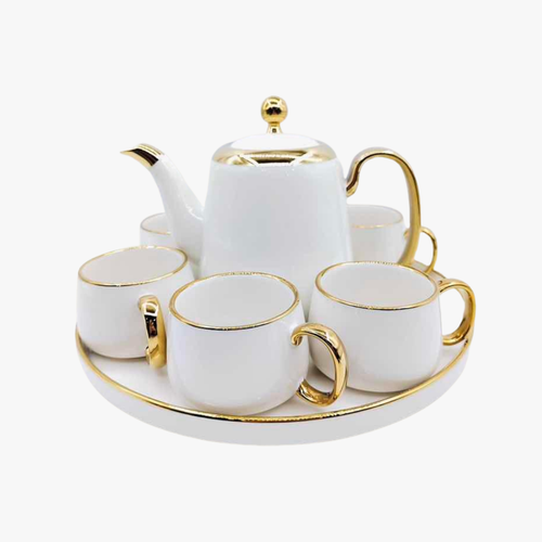 Imperial Gold Rimmed Teapot and Cups Set with Serving Tray 8 Piece