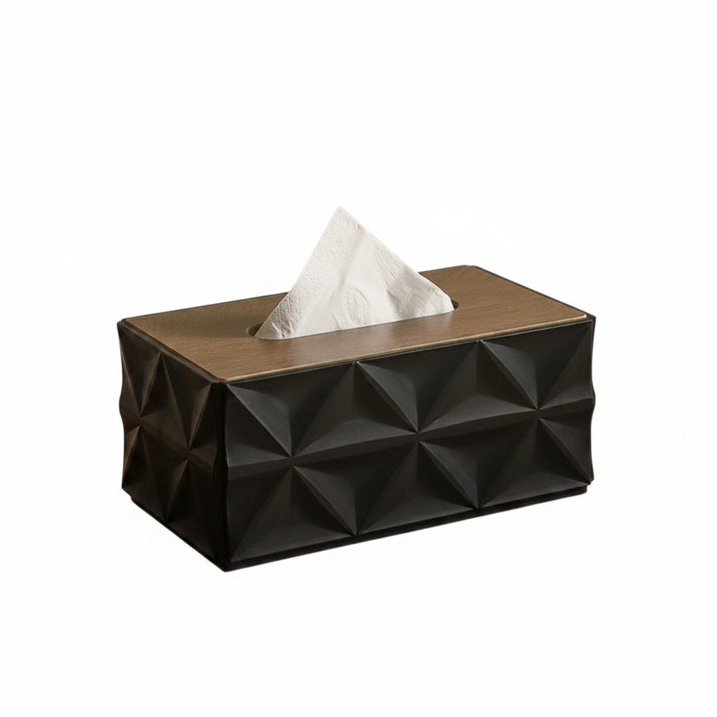 Geometric Textured Matte Black & Walnut Tissue Box Cover