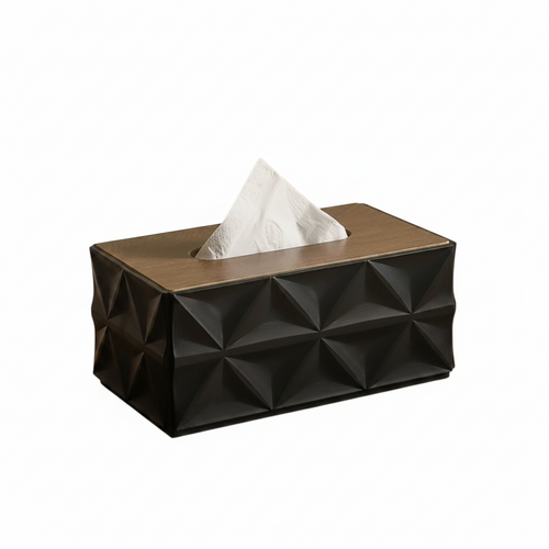 Geometric Textured Matte Black & Walnut Tissue Box Cover