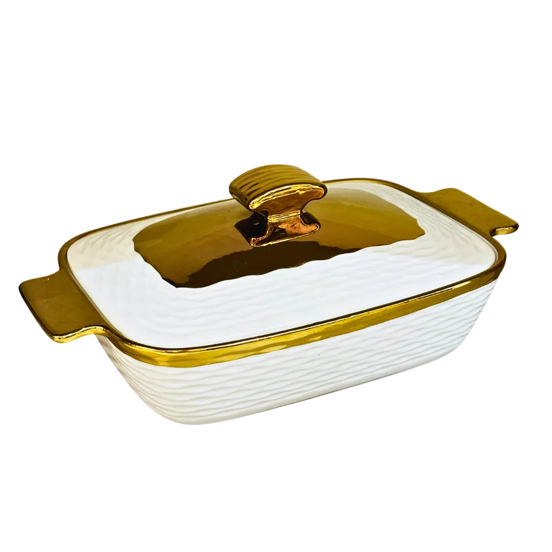 Gold-Rim Casserole Dish Bowl with Lid & Handles