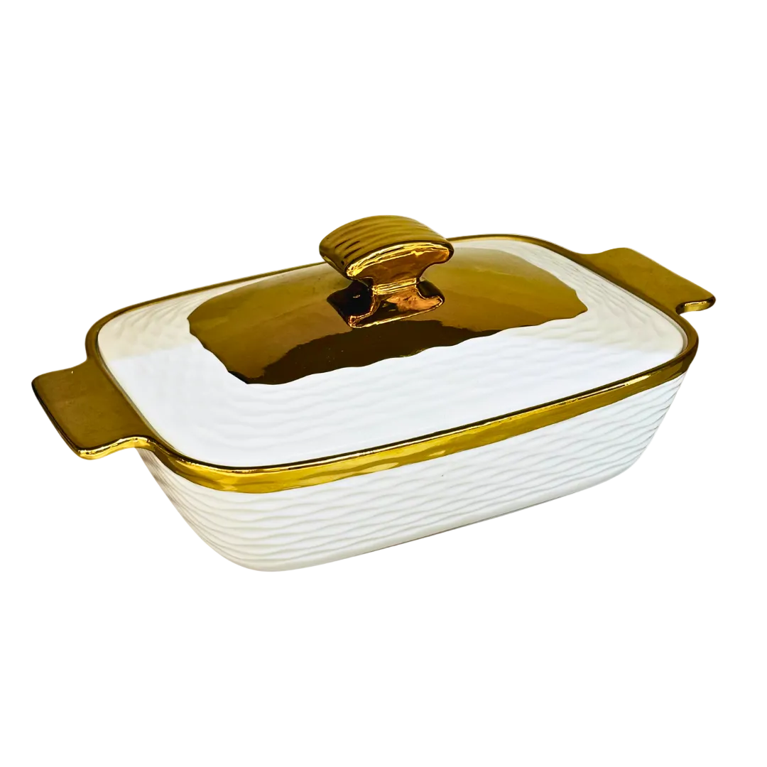 Gold-Rim Casserole Dish Bowl with Lid & Handles