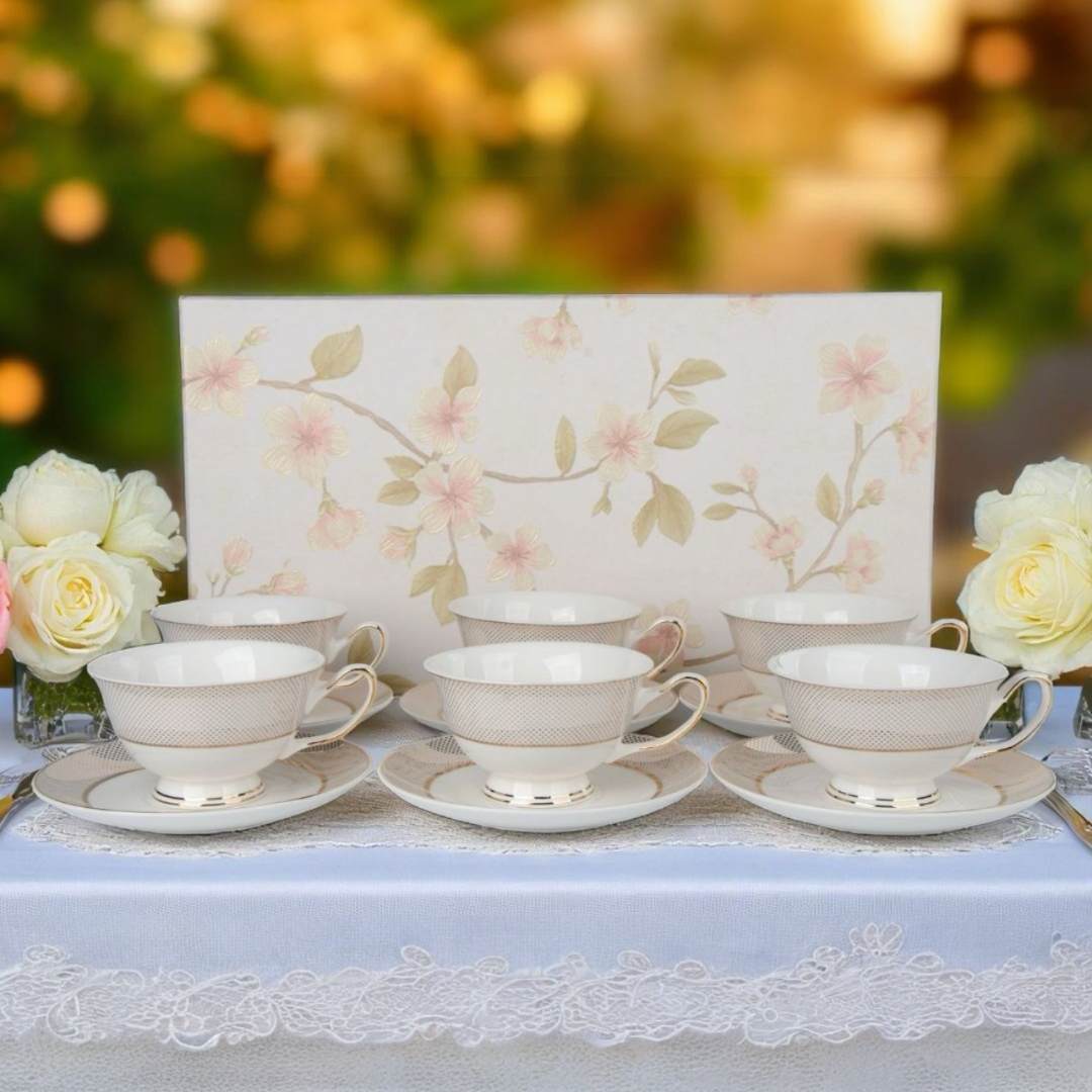 Classic Ivory Floral Cup & Saucer Set - Set of 12