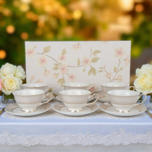 Classic Ivory Floral Cup & Saucer Set - Set of 6 (200 cc)