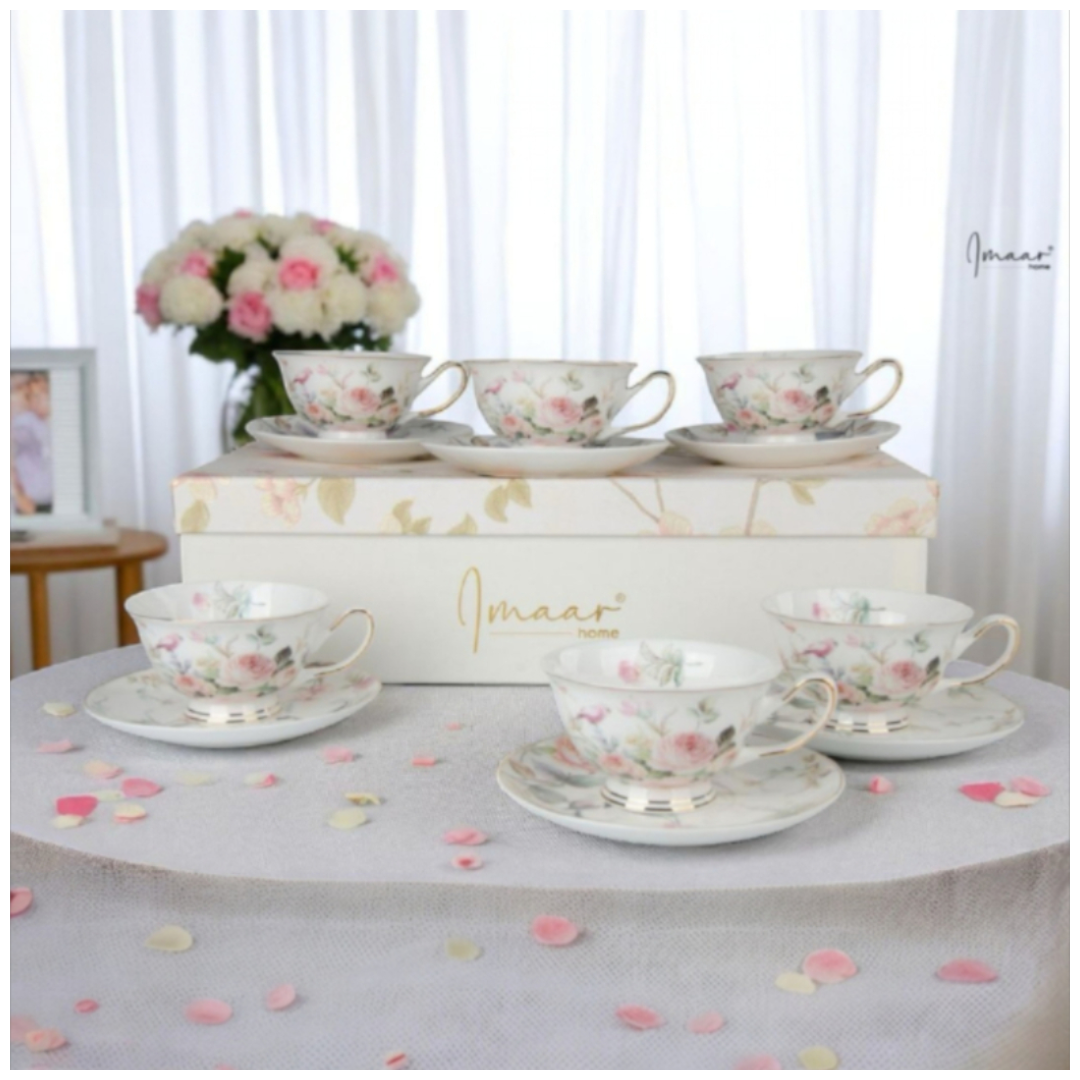 Elegant Lace Pattern Tea Cup Set - Set of 12