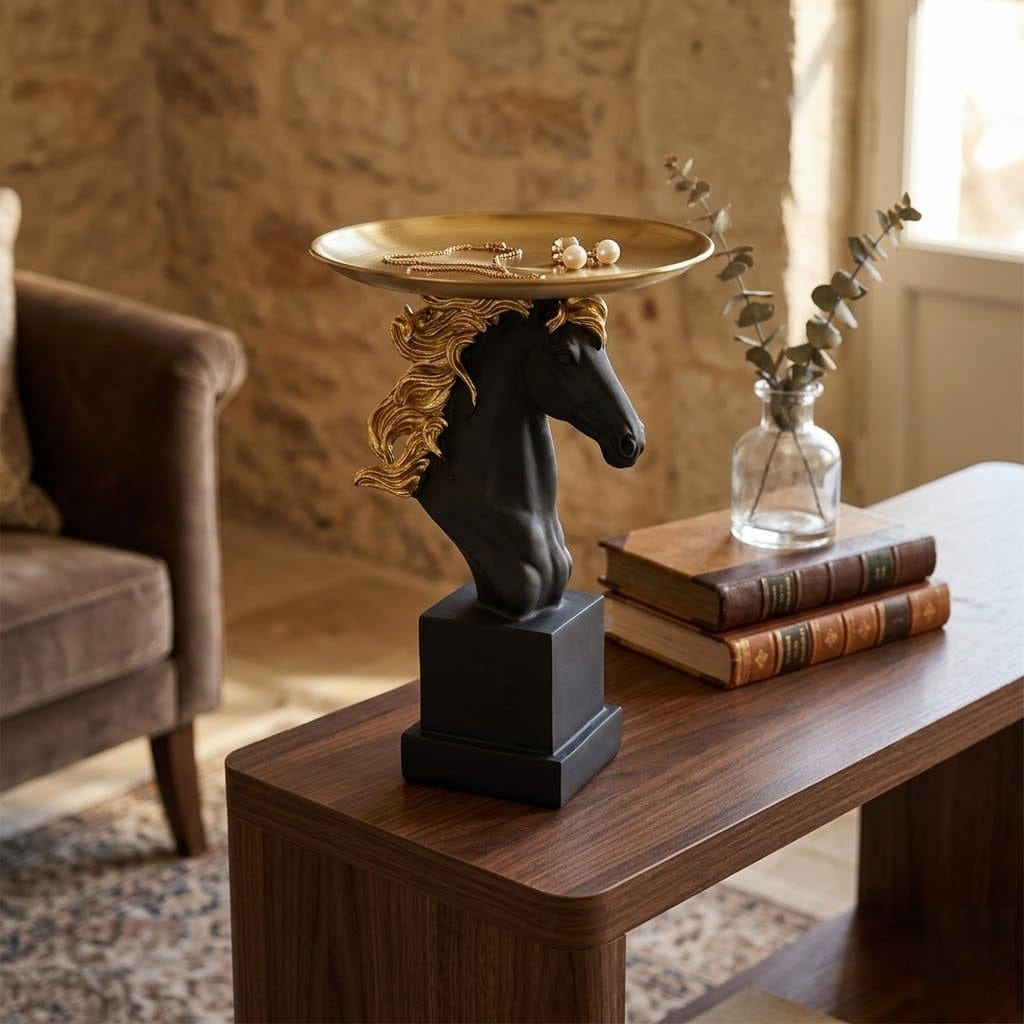 Modern Black Horse Showpiece With Tray