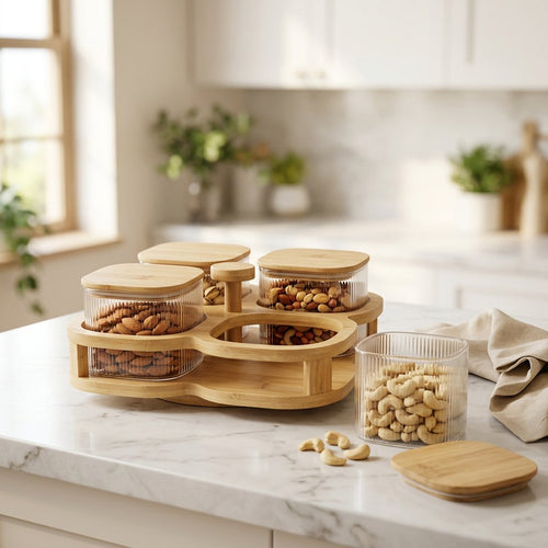 Revolving Glass Snack Jar Set with Bamboo Lids