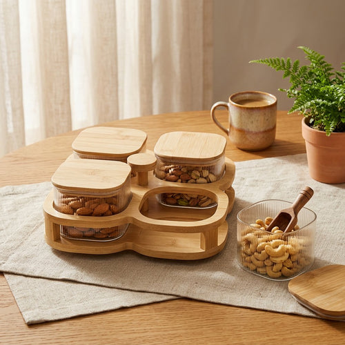 Revolving Glass Snack Jar Set with Bamboo Lids