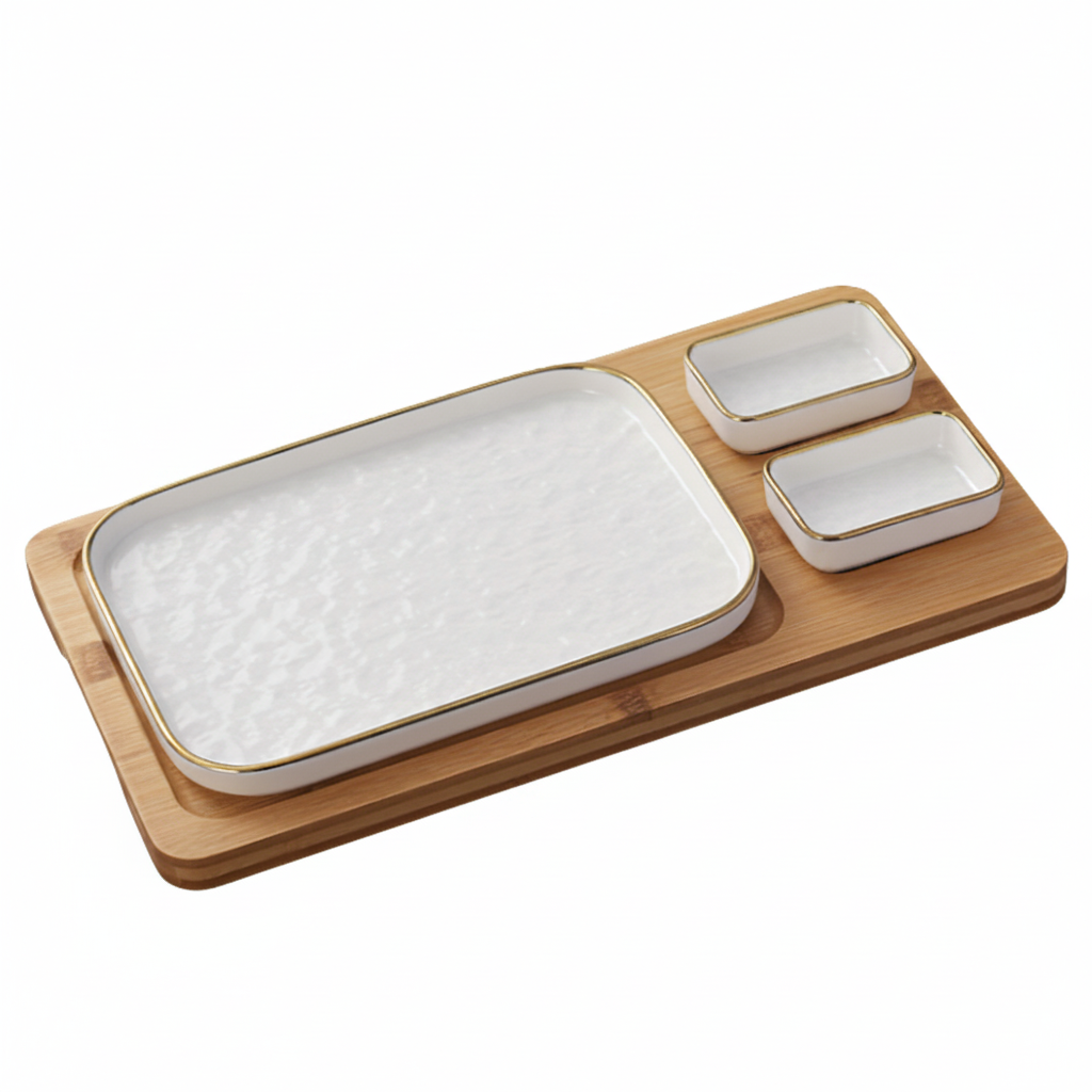 Gold-Rim Serving Platter Set with Bowls & Tray