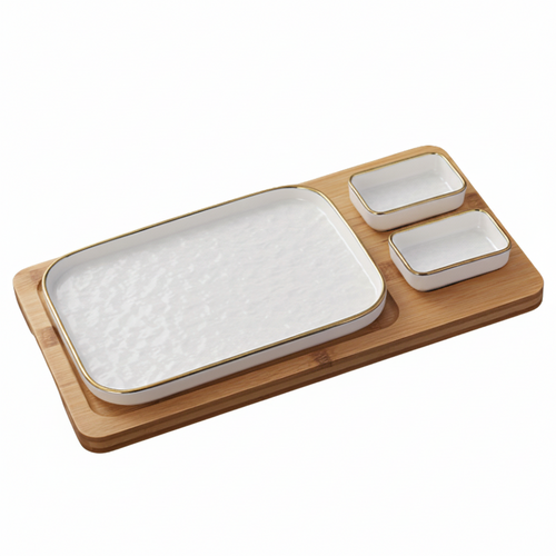 Gold-Rim Serving Platter Set with Bowls & Tray